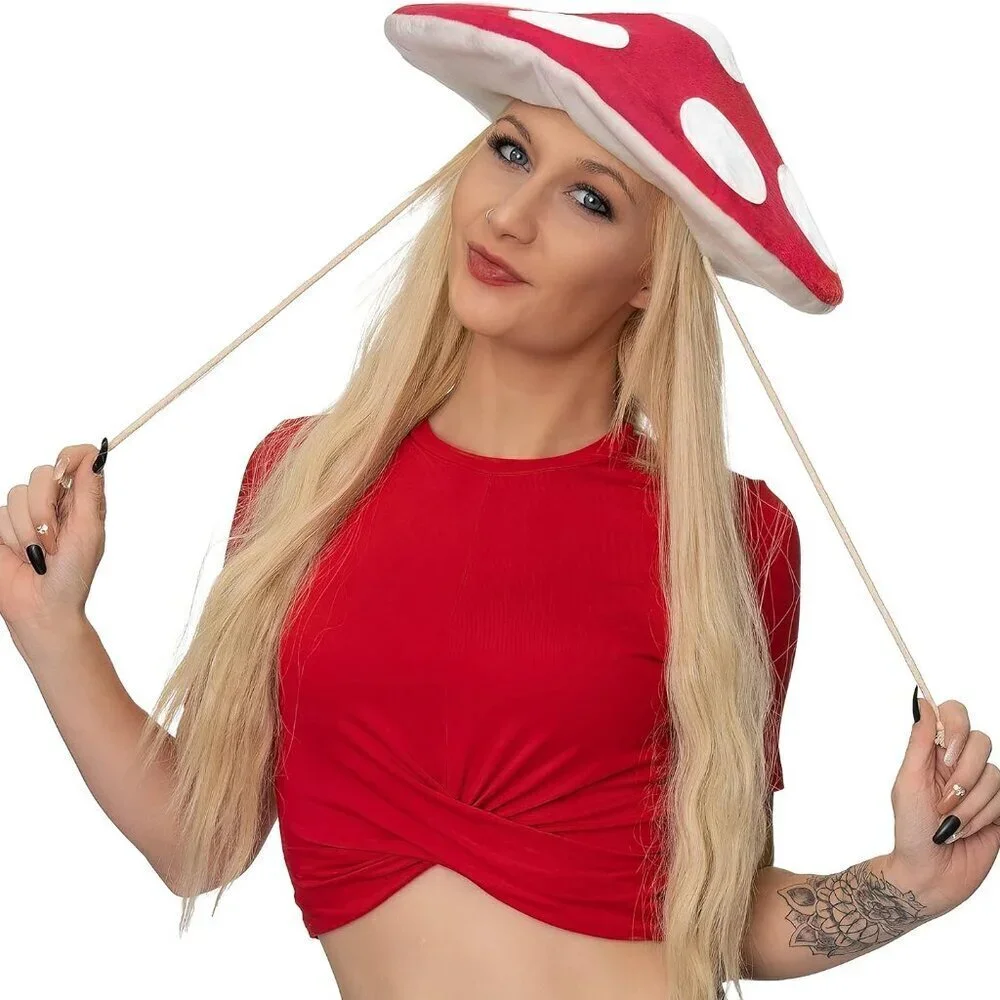 Red Mushroom Hat Costume Fedora Cap Cosplay Halloween Roleplay Women Teens Adult